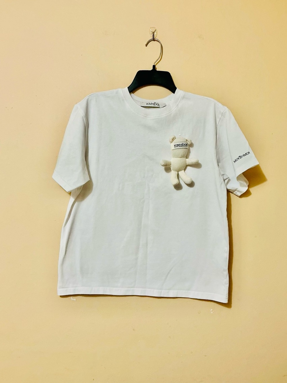 White Short Sleeve Tee with Plush Bear Accent